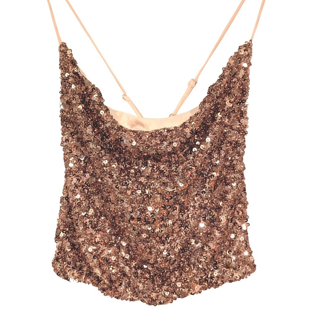 Mi Ami Francesca's Sequin Cami XS Rose Gold Cowl Neck Cross Back Party Going out
